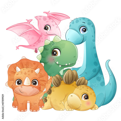 Cute dinosaurs family watercolor illustration