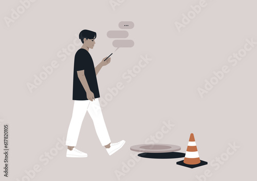A young male Asian character addicted to their smartphone ignoring an open canalization hatch on their way