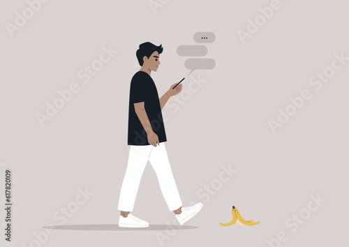 Young male Caucasian character addicted to their smartphone ignoring a banana peel on their way