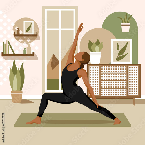 Young woman doing yoga exercises, practicing meditation and stretching on the mat. Female simple character in yoga studio or home. Trendy flat vector illustration.