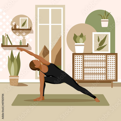 Young woman doing yoga exercises, practicing meditation and stretching on the mat. Female simple character in yoga studio or home. Trendy flat vector illustration.