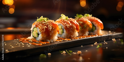 luxury and delicious Sashimi and sushi Japanese traditional food set in a dark background