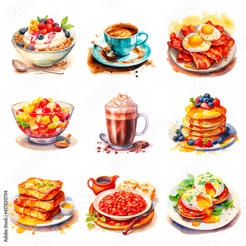 set of breakfast food, watercolor illustration on white background