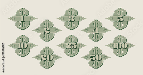 Vector set of financial stickers or icons 10 pieces. Denominations from 1 to 100 dollars. Numbers and usd symbol. Isolated light background.