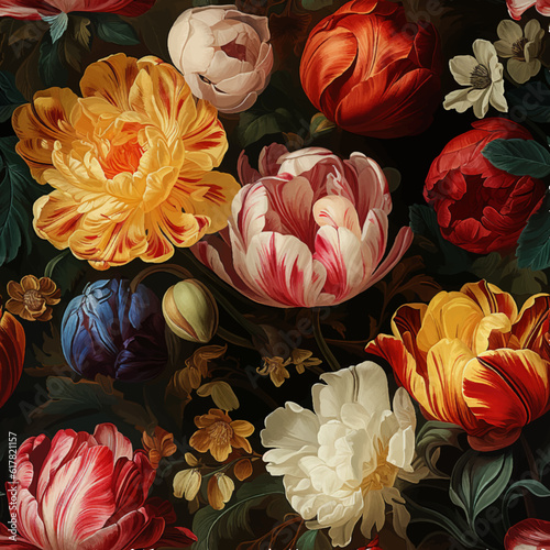 Seamless vector background with colorful tulips. Vintage oil painting still life style.