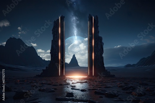 Abstract portal stone gate with neon glowing light in the dark space landscape of cosmic, rocky mountain stone field, spectrum light effect, with Generative Ai. photo