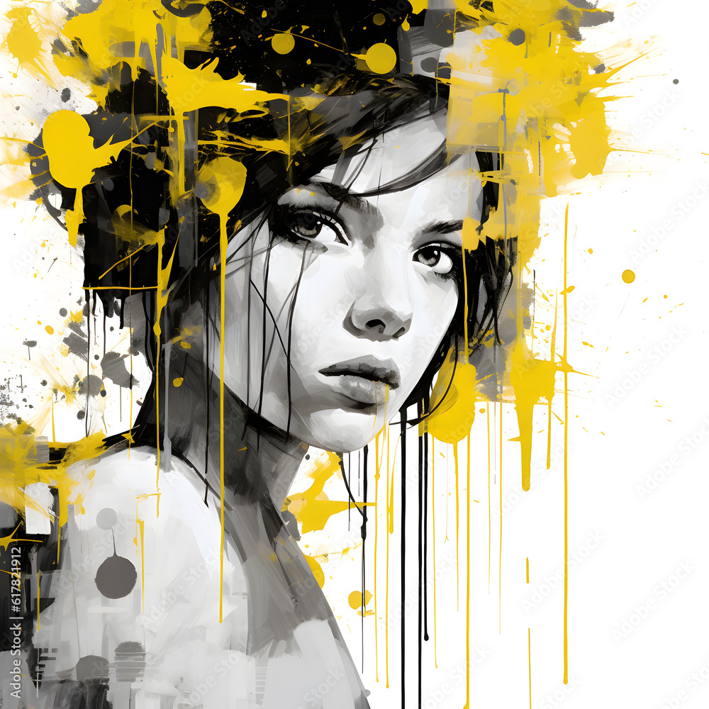 In the style of black and white with bold, stylized yellow splashes. A ...