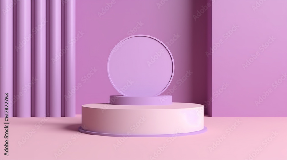 Round podium on light purple and orange background. Lavender and lilac colors, monochromatic product pedestal, Generative AI. Round podium on light purple and orange background. Lavender and lilac colors, monochromatic product pedestal, Generative AI.