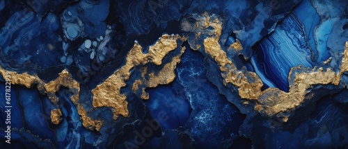 Sapphire blue marble stone with gold vein wallpaper background, AI generative