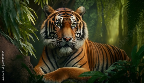 beautiful bengal tiger with lush green habitat backgro.Generative AI