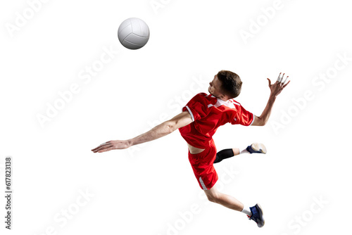 Champion. Young athletic man, professional volleyball player in motion during game isolated against white studio background. Concept of sport, active lifestyle, health, dynamics, game, ad