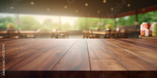 Empty top wooden table with supermarket blur background © Jing