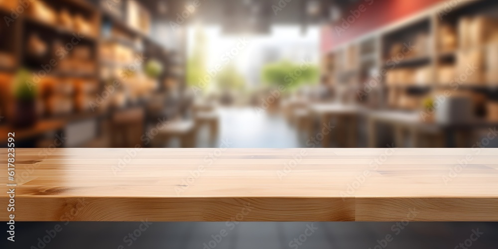 Empty top wooden table with supermarket blur background
