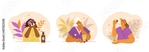 Skin care concept illustration. Collections of women characters taking care about beauty  and using serum oil, organic cleanser and other natural cosmetic products. Vector illustrations set.