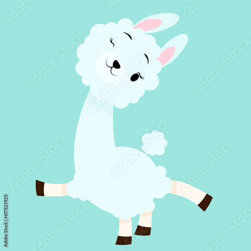 Cute fluffy cheerful alpaca on a blue background