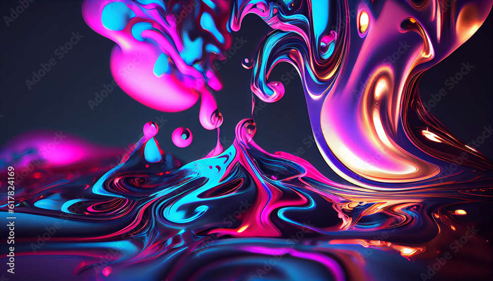 Fototapeta Abstract Liquid Swirls on Holographic Fluid Neon Pink and Blue Liquid Abstraction Dreams Flow Ai generated image