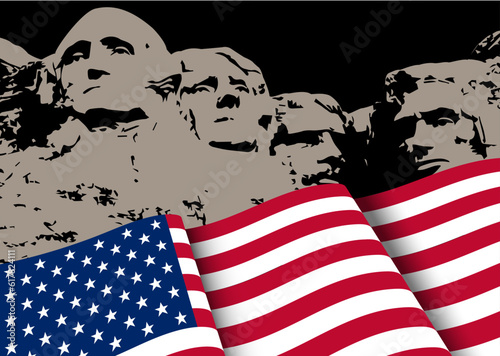 waving flag america and four former presidents statue at mount rushmore national monument on black background