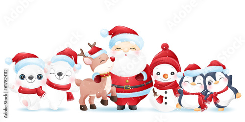 Cute animals Christmas winter watercolor illustration © MagicalPlanet