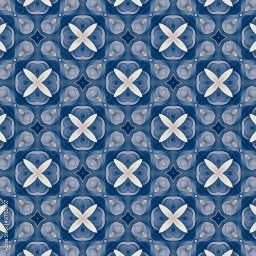 Seamless pattern with symmetrical pattern in blue and white tones 