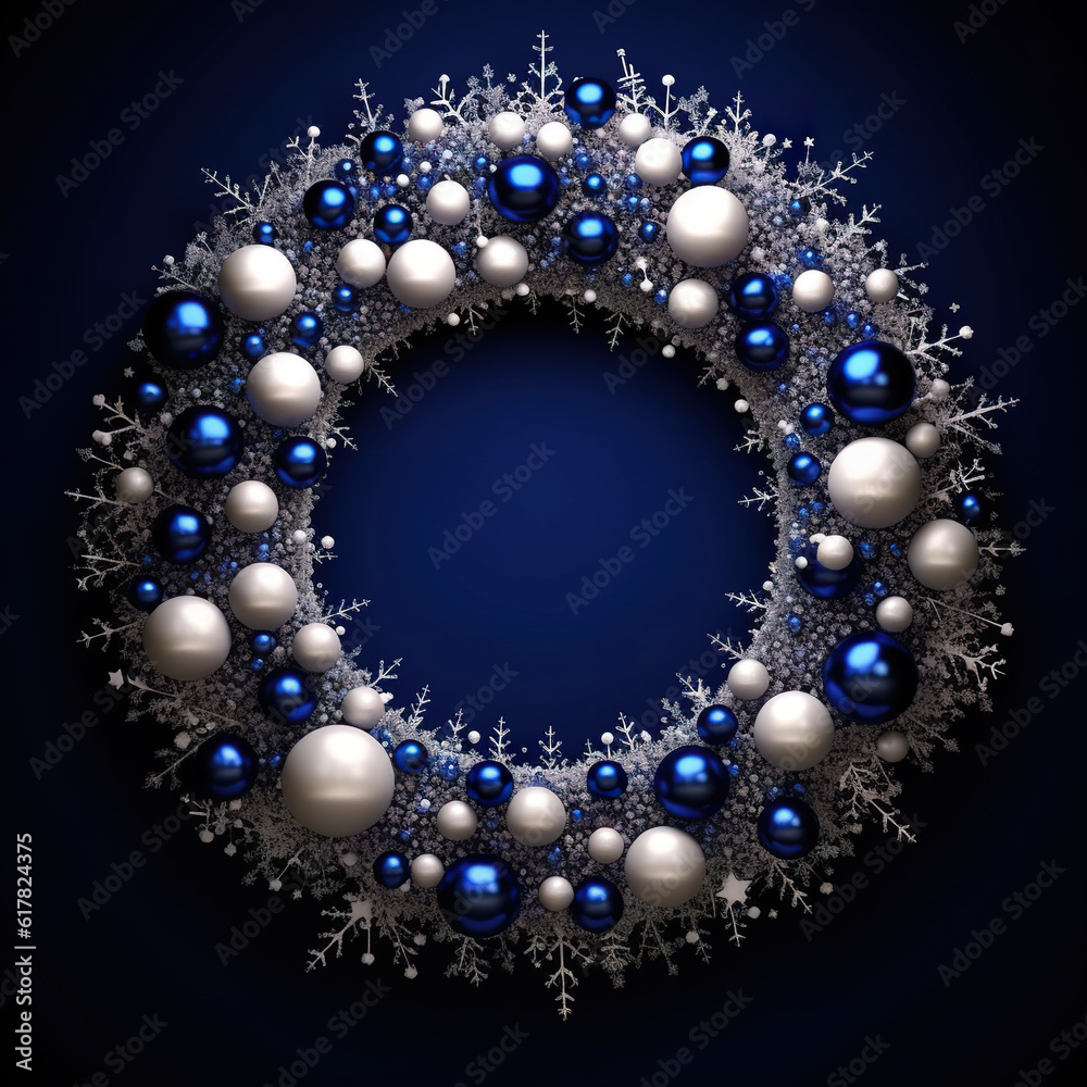 A blue and silver christmas wreath with snowflakes. Generative AI. Christmas wreath clipart. A blue and silver christmas wreath with snowflakes. Generative AI. Christmas wreath clipart.