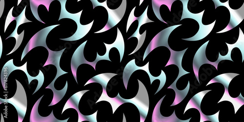 Trendy retro y2k holographic tribal art seamless pattern illustration. Modern style abstract iridescent shape background with futuristic decoration, tattoo element, metallic wing wallpaper texture.
