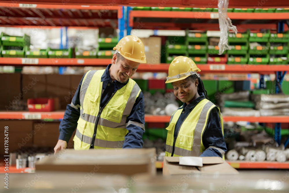 Female and male employees Check product.