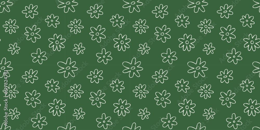 Hand drawn flower doodle seamless pattern illustration. Vintage cartoon drawing style floral background design. Spring nature backdrop texture print with garden flowers.