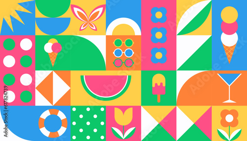 Summer colorful abstract background with simple geometric shapes. Vector illustration.