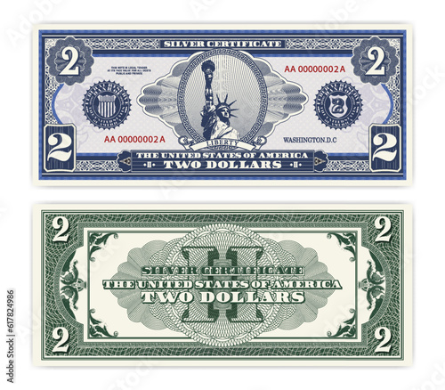 Vector blue banknote obverse and green reverse silver certificate of 2 US dollars. Oval, liberty and guilloche frame. American paper fictional money.