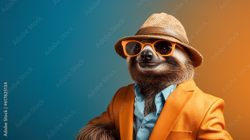 Cool looking sloth wearing funky fashion jacket, tie, sunglasses, tilted straw hat isolated on gradient colorful background. Digital illustration generative AI.