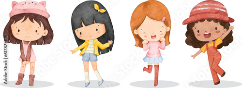 Watercolor illustration set of cute little girls