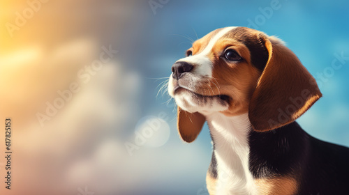 Closeup on baby beagle puppy dog looking above with sky as background. Digital illustration generative AI.