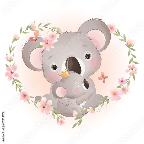 Cute koala parent child with floral wreath watercolor illustration