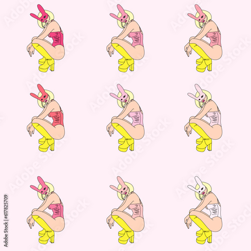 illustration stripper bunny girl woman mask platform afro black white pink background boots blonde model picture drawing sketch black and white lines without color without background pattern set