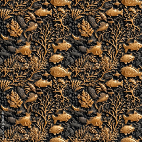 Seamless pattern of seabed with tropical coral, algae, fishes and shellfish. Decorative imprint with patina. photo