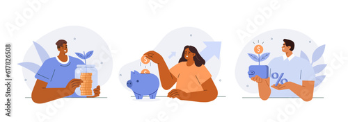 Financial management concept illustration. Collections of men and women characters managing budget. People planning investment strategy and savings. Vector illustrations set