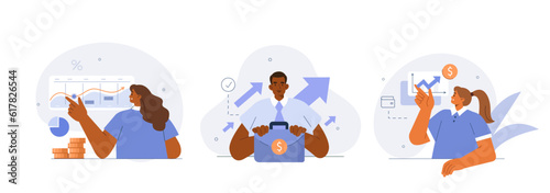 Finance concept illustration. Collections of men and women characters investing money in stock market. People analyzing financial graphs, charts, diagrams and other data. Vector illustrations set.