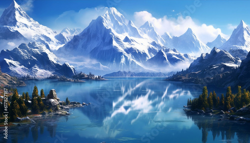 Majestic mountain range reflects tranquil scene of beauty in nature generated by AI © Jemastock
