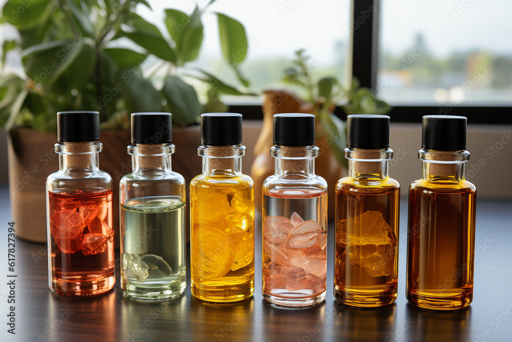 Arranging a collection of facial oils and capturing their benefits for different skin types, skincare routine, white background, natural light, affinity, bright background Generative AI Arranging a collection of facial oils and capturing their benefits for different skin types, skincare routine, white background, natural light, affinity, bright background Generative AI