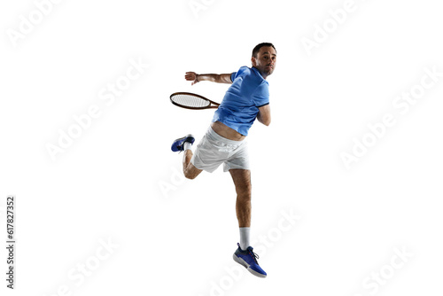 Dynamic image of concentrated man, professional tennis player in motion with racket isolated over white background. Concept of sport, active lifestyle, game, hobby, health, dynamics, ad
