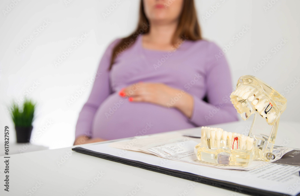 Pregnant girl in the dentist's office. The concept of treatment of caries and pulpitis during pregnancy. Elimination of foci of infection in the mouth. Inflammation of the gums, gingivitis. Pregnant girl in the dentist's office. The concept of treatment of caries and pulpitis during pregnancy. Elimination of foci of infection in the mouth. Inflammation of the gums, gingivitis.