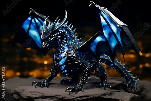 Majestic Obsidian Dragon , Behold an AI-generated marvel with sleek, obsidian-black scales and mesmerizing blue flames. A captivating fusion of power and elegance. photo