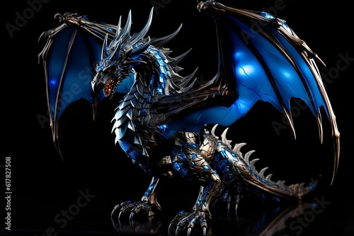 Majestic Obsidian Dragon , Behold an AI-generated marvel with sleek, obsidian-black scales and mesmerizing blue flames. A captivating fusion of power and elegance. photo