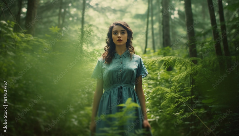 Young woman in green dress standing in forest, exuding elegance generated by AI Young woman in green dress standing in forest, exuding elegance generated by AI