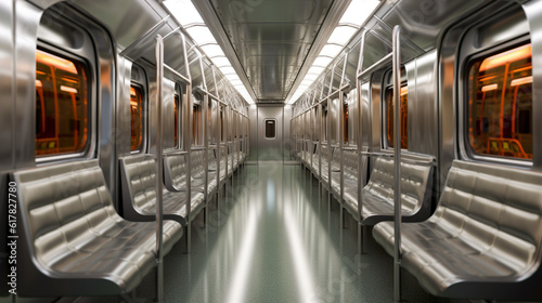 A train car with a long row of seats. Generative AI.