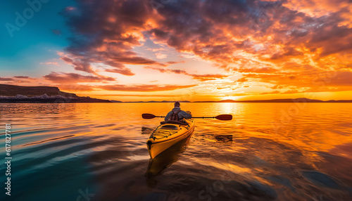 Tranquil kayaking adventure on serene blue waters at sunset generated by AI