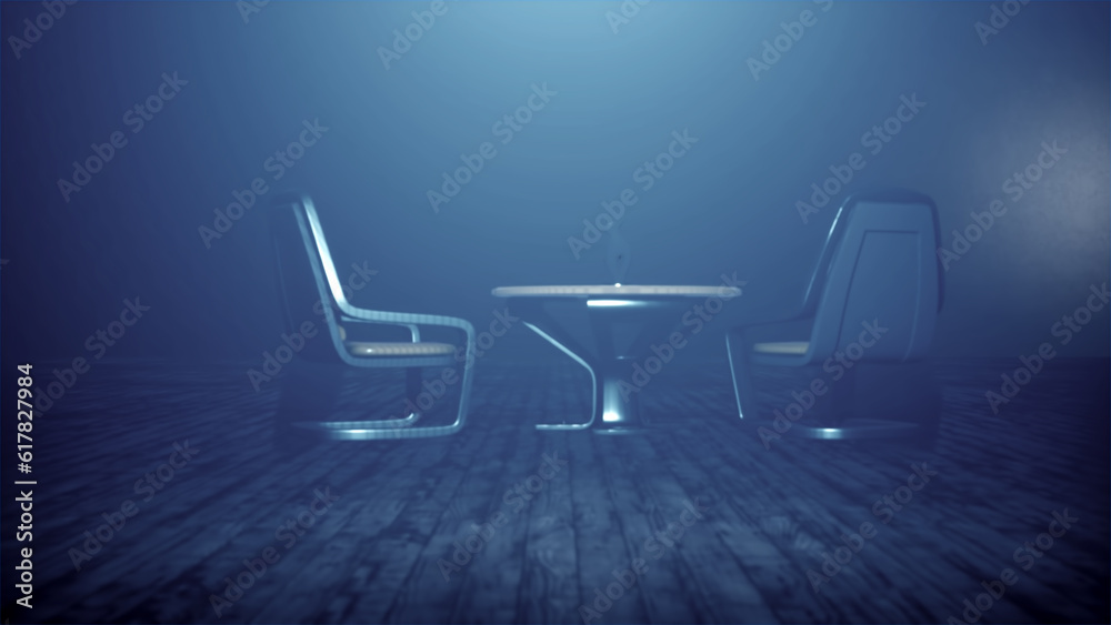 3d Surreal flat shot of three chairs around a round table.Abstract imaginary dark gothic room with three chairs at a table with down lighting. Royal dark room for a conference. 3d Surreal flat shot of three chairs around a round table.Abstract imaginary dark gothic room with three chairs at a table with down lighting. Royal dark room for a conference.