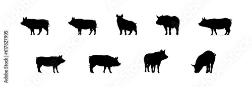 Black silhouette pig set flat cartoon isolated on white background. Vector illustration