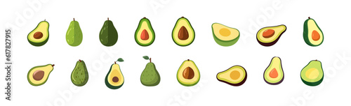 Avocado set flat cartoon isolated on white background. Vector illustration