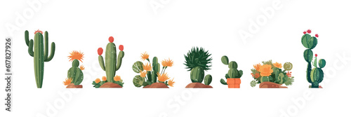 Cactus set flat cartoon isolated on white background. Vector illustration